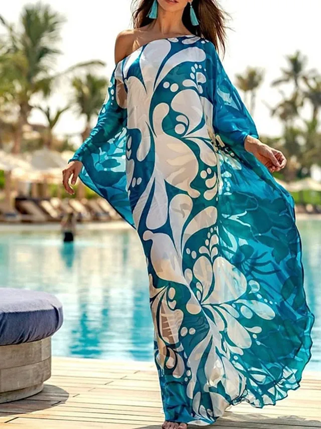 Casual Dress Swing Dress Sundress Long Dress Maxi Dress Blue Long Sleeve Polka Dot Print Winter Fall Autumn One Shoulder Winter Dress Weekend Fall Dress Loose Fit  S M L XL XXL for Women