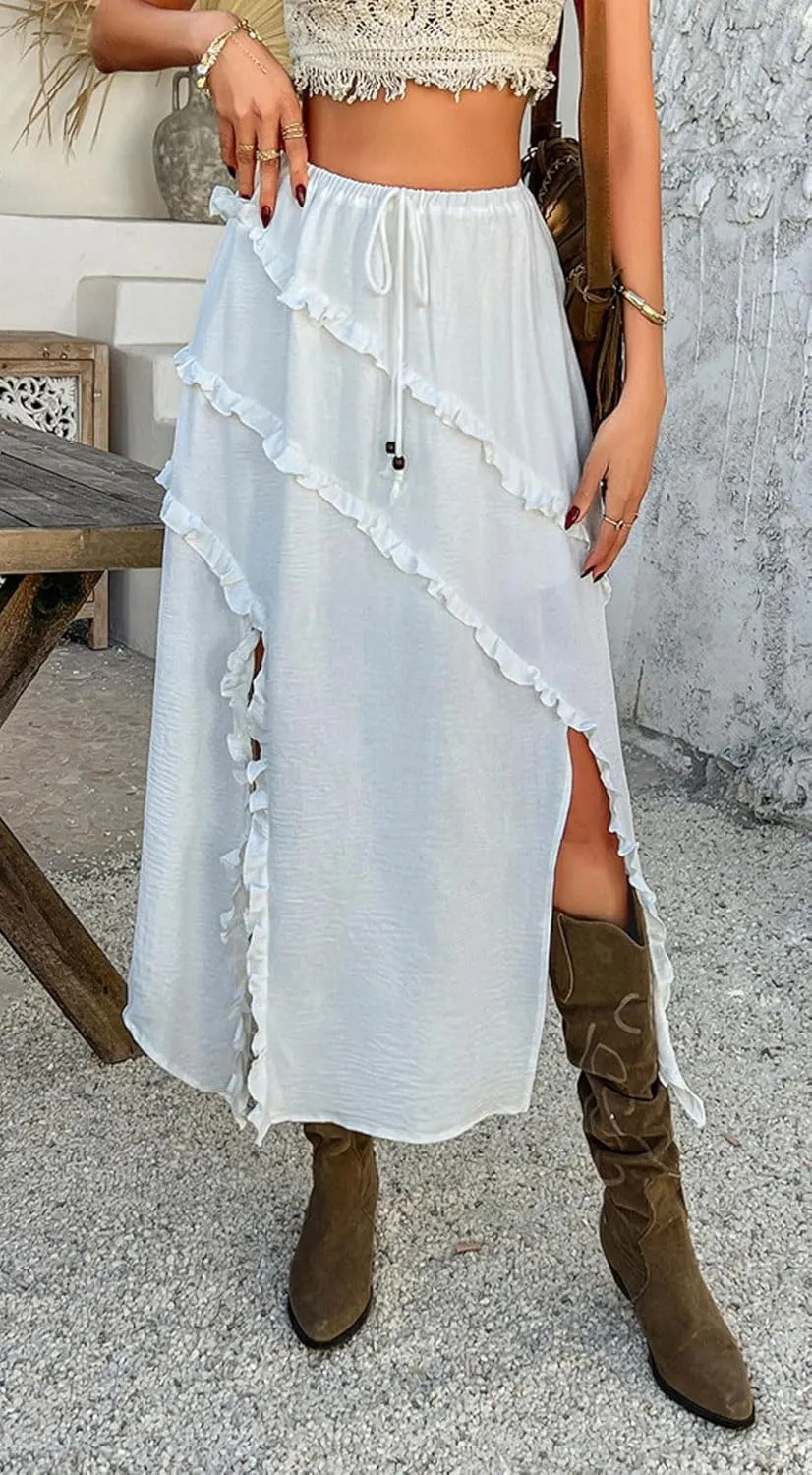 CHARTOU Split Boho Ruffle Skirt for Women Asymmetrical Summer Vacation Long Skirt