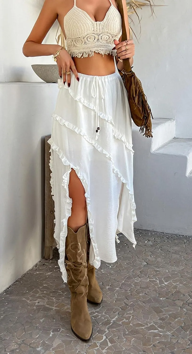 CHARTOU Split Boho Ruffle Skirt for Women Asymmetrical Summer Vacation Long Skirt
