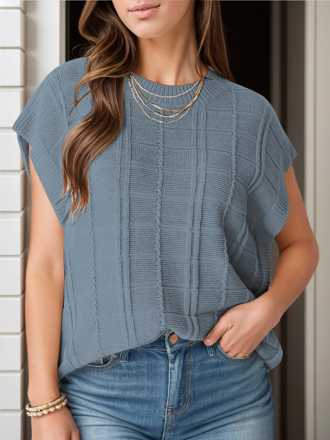 Chic Cap Sleeve Stretch Knit Blouse with Round Neck