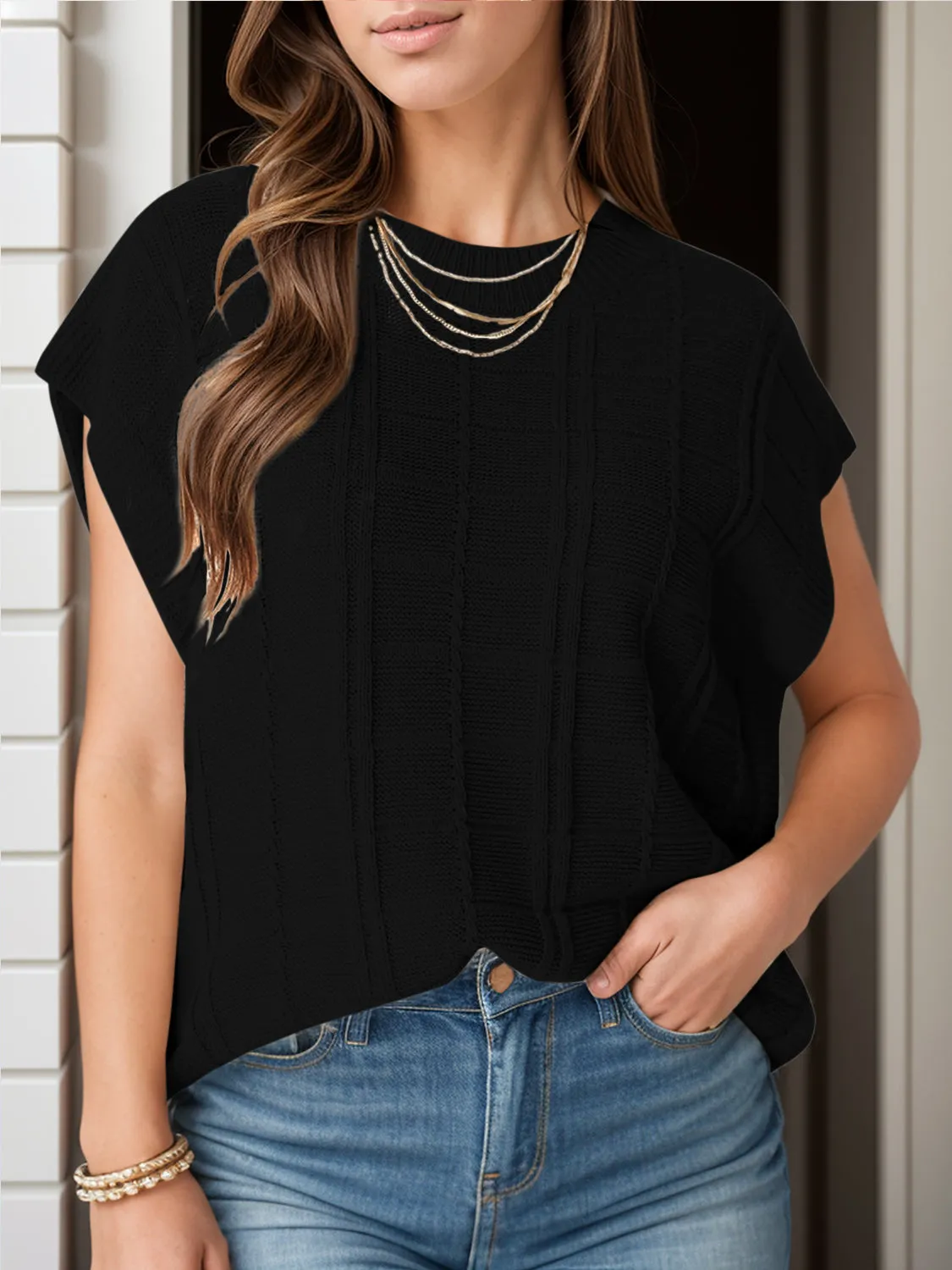 Chic Cap Sleeve Stretch Knit Blouse with Round Neck