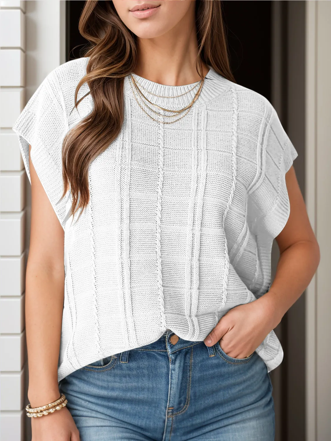 Chic Cap Sleeve Stretch Knit Blouse with Round Neck