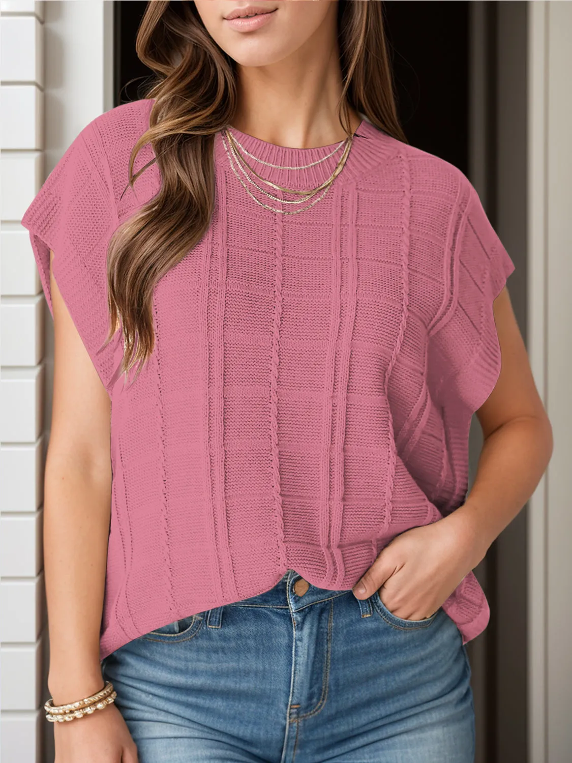 Chic Cap Sleeve Stretch Knit Blouse with Round Neck