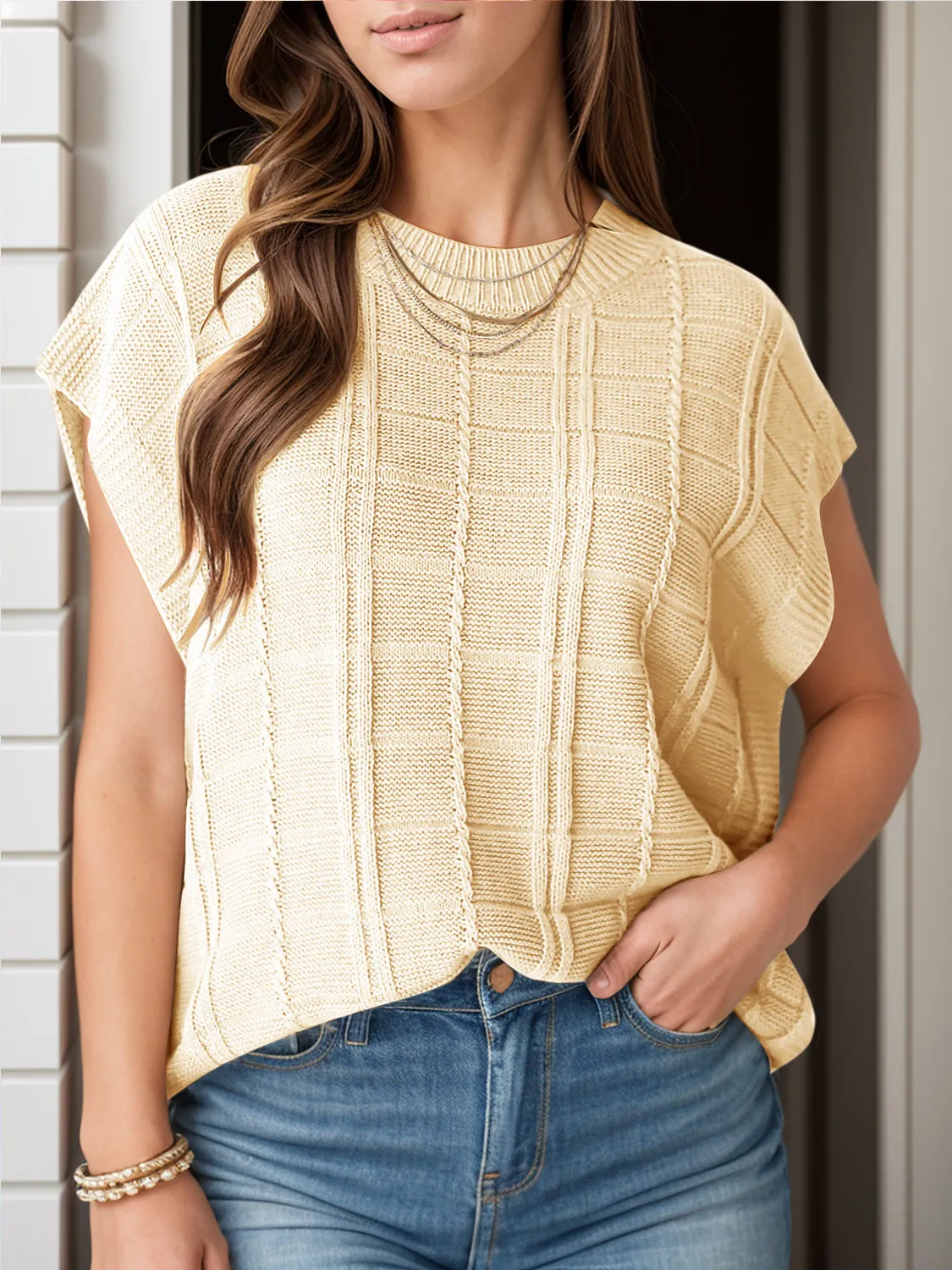 Chic Cap Sleeve Stretch Knit Blouse with Round Neck