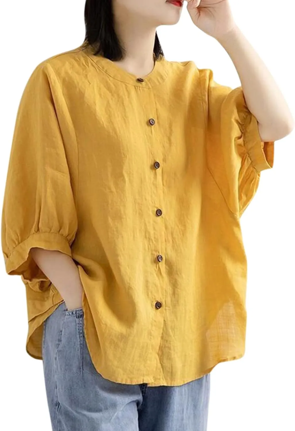 Cotton and Linen Shirts for Women 3/4 Length Sleeve Tops Crew Neck Summer Casual Loose Fit Breathable Blouse Tees
