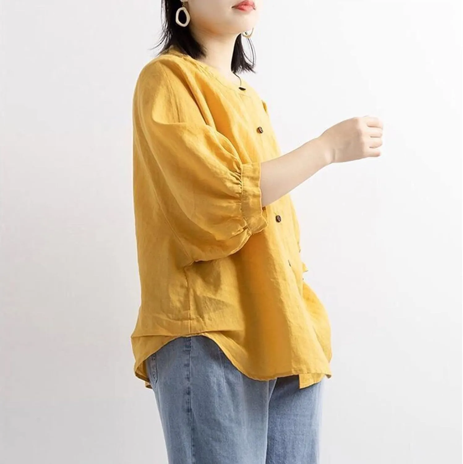 Cotton and Linen Shirts for Women 3/4 Length Sleeve Tops Crew Neck Summer Casual Loose Fit Breathable Blouse Tees