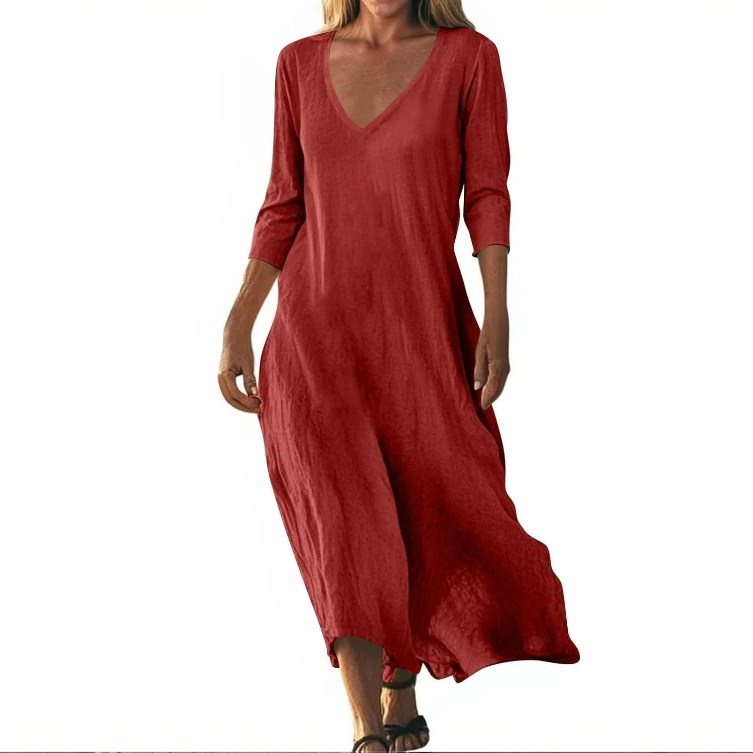 Cotton Linen Casual Dresses for Women Flowy V Neck Sleeveless Maxi Dress Lightweight Summer Beach Vacation Clothes