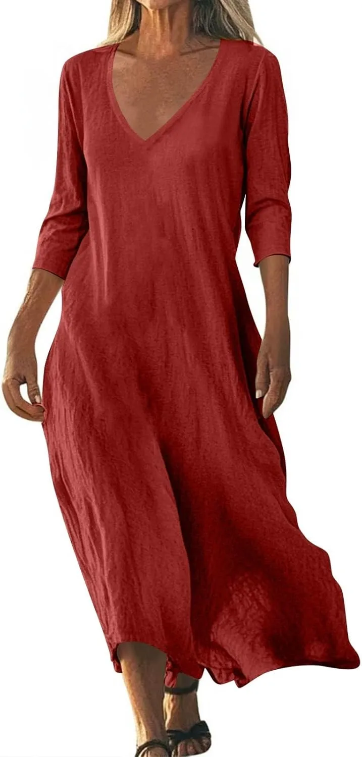 Cotton Linen Casual Dresses for Women Flowy V Neck Sleeveless Maxi Dress Lightweight Summer Beach Vacation Clothes