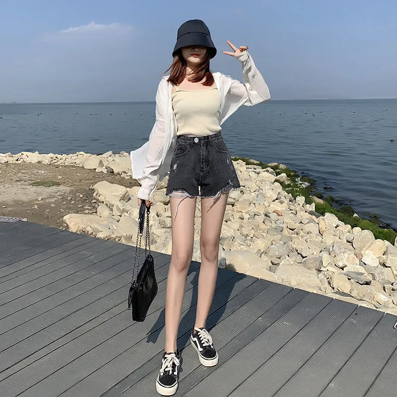 Denim shorts female summer  version of the high waist slimming high loose hole wool wrapping pants tide