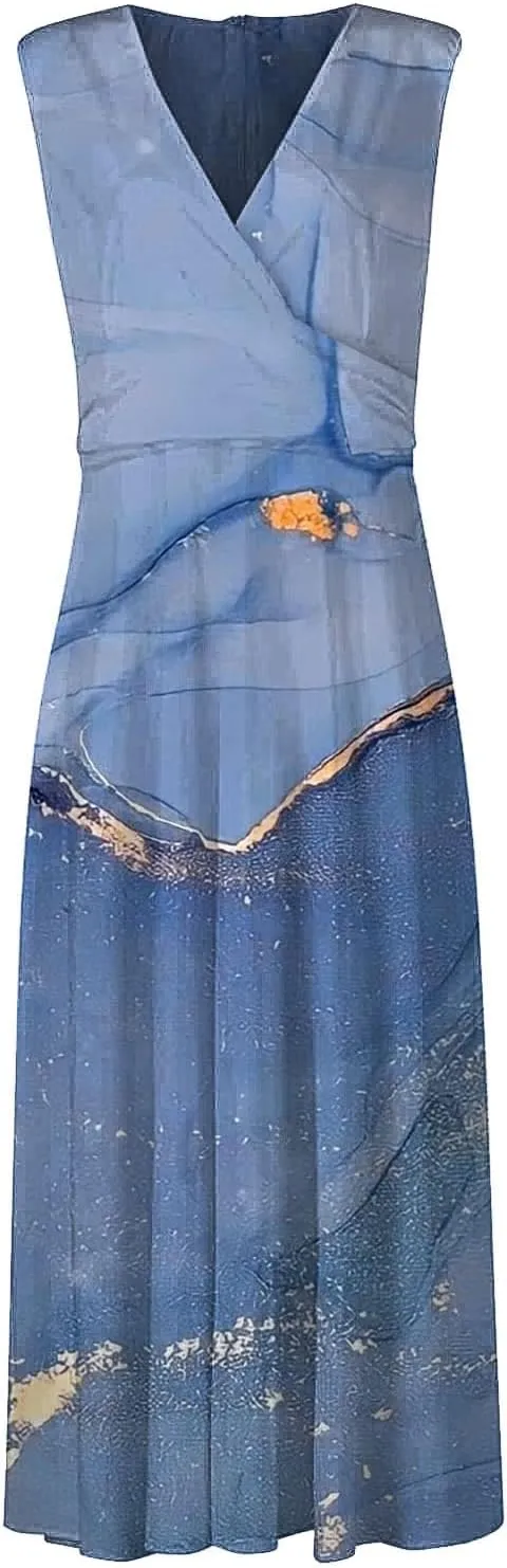 Dresses for Women 2024 Casual Printed Deep V Neck Sundress Elegant High Waist Flowy Swing Maxi Dresses Summer Dress