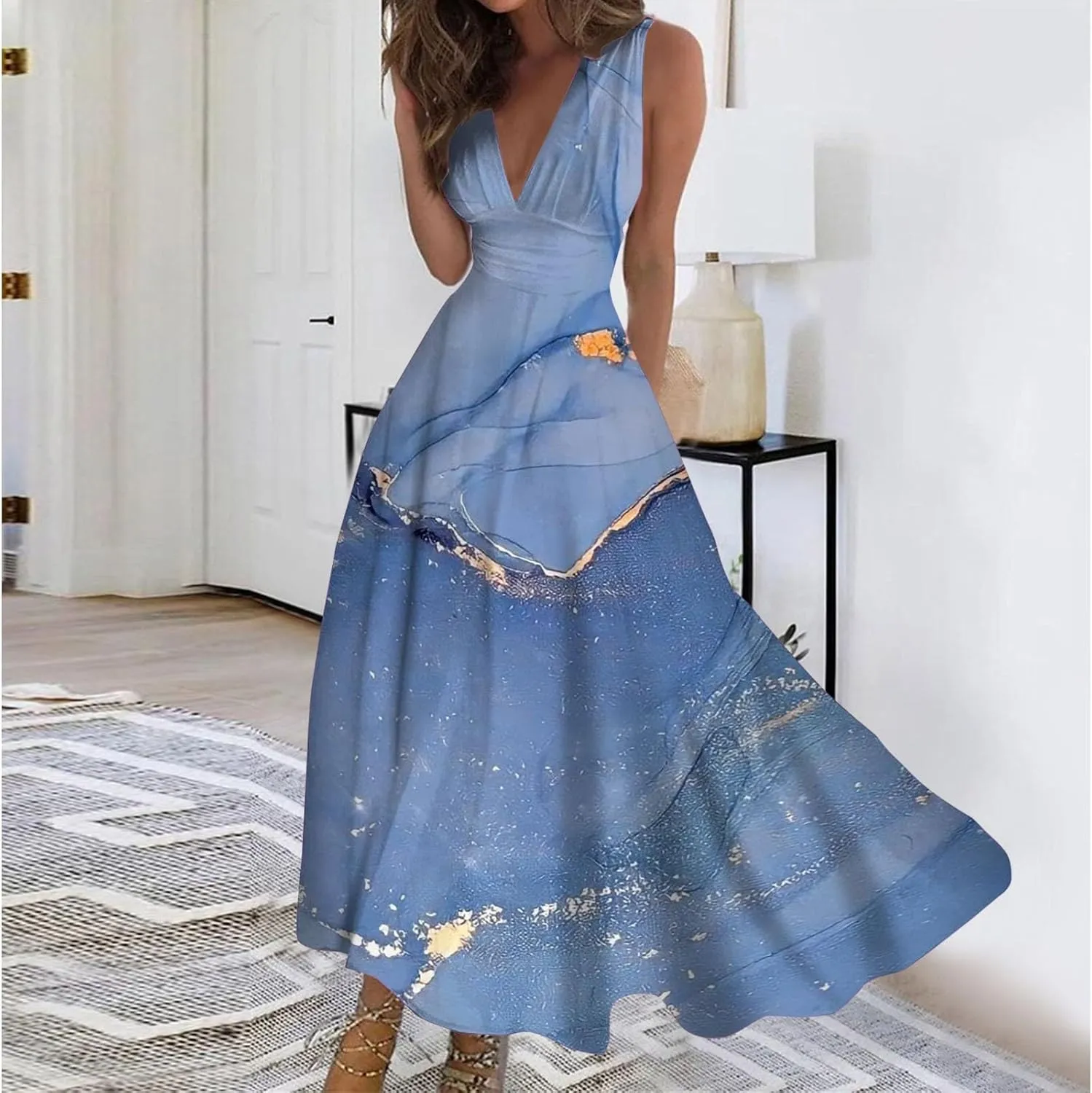 Dresses for Women 2024 Casual Printed Deep V Neck Sundress Elegant High Waist Flowy Swing Maxi Dresses Summer Dress