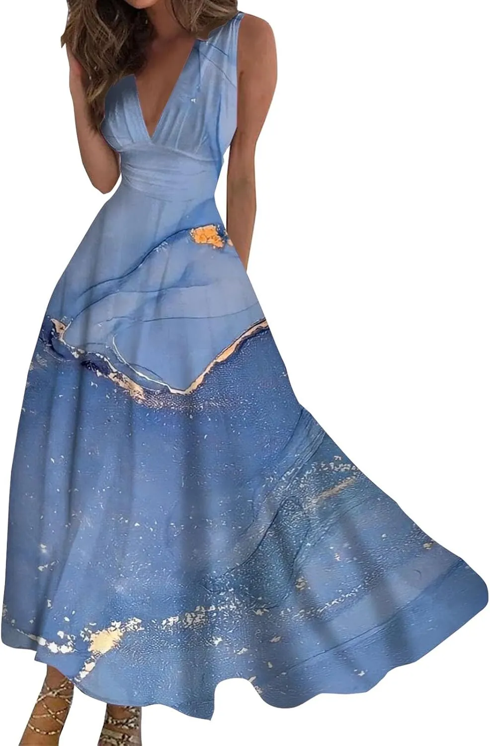 Dresses for Women 2024 Casual Printed Deep V Neck Sundress Elegant High Waist Flowy Swing Maxi Dresses Summer Dress