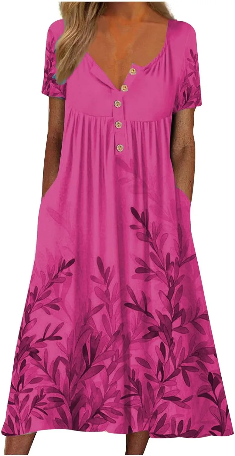 Dresses for Women 2025 Casual Summer Maxi Beach Vacation Dress with Pockets Short Sleeve Boho Sundresses A Line Flowy