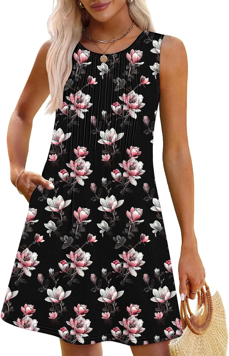 Dresses for Women Casual Ruched Sleeveless Sundresses 2025 Vacation Beach Cover Ups Summer Pocket A-Line Mini Dress