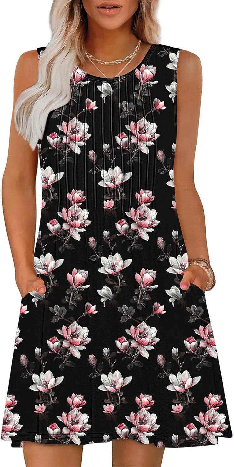 Dresses for Women Casual Ruched Sleeveless Sundresses 2025 Vacation Beach Cover Ups Summer Pocket A-Line Mini Dress