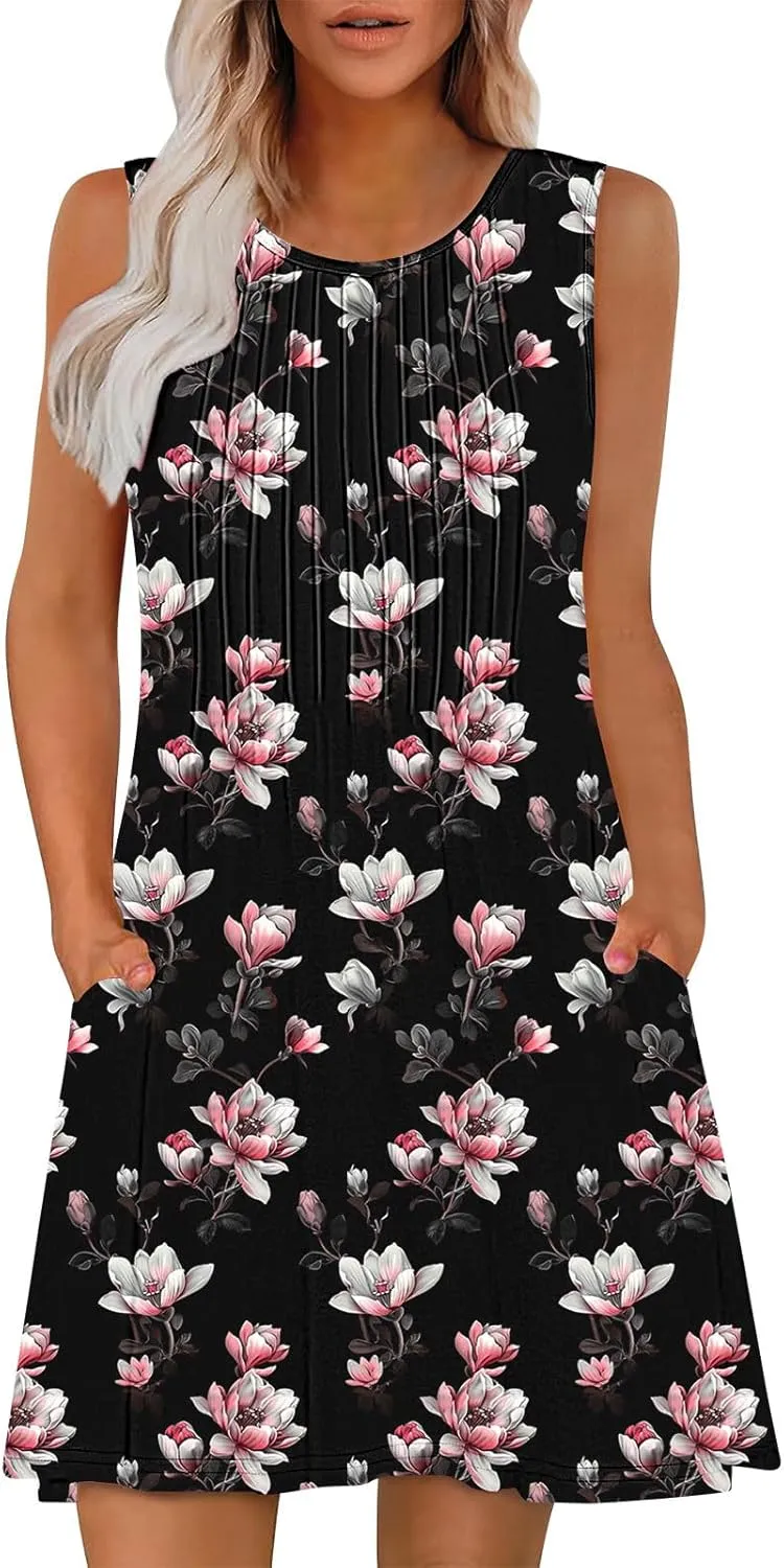 Dresses for Women Casual Ruched Sleeveless Sundresses 2025 Vacation Beach Cover Ups Summer Pocket A-Line Mini Dress