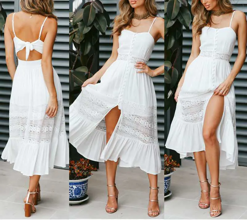 Elegant Eyelet Lace Tie Knot Back Sleeveless Button up Midi Dress