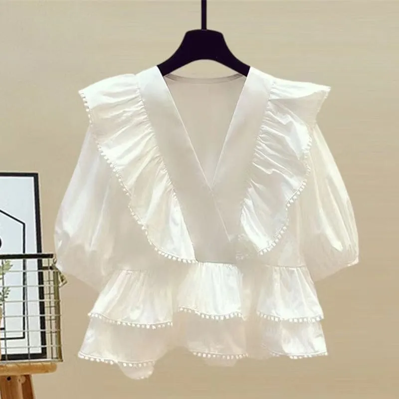 Elegant V-neck Flouncing Shirt High Waist Shorts