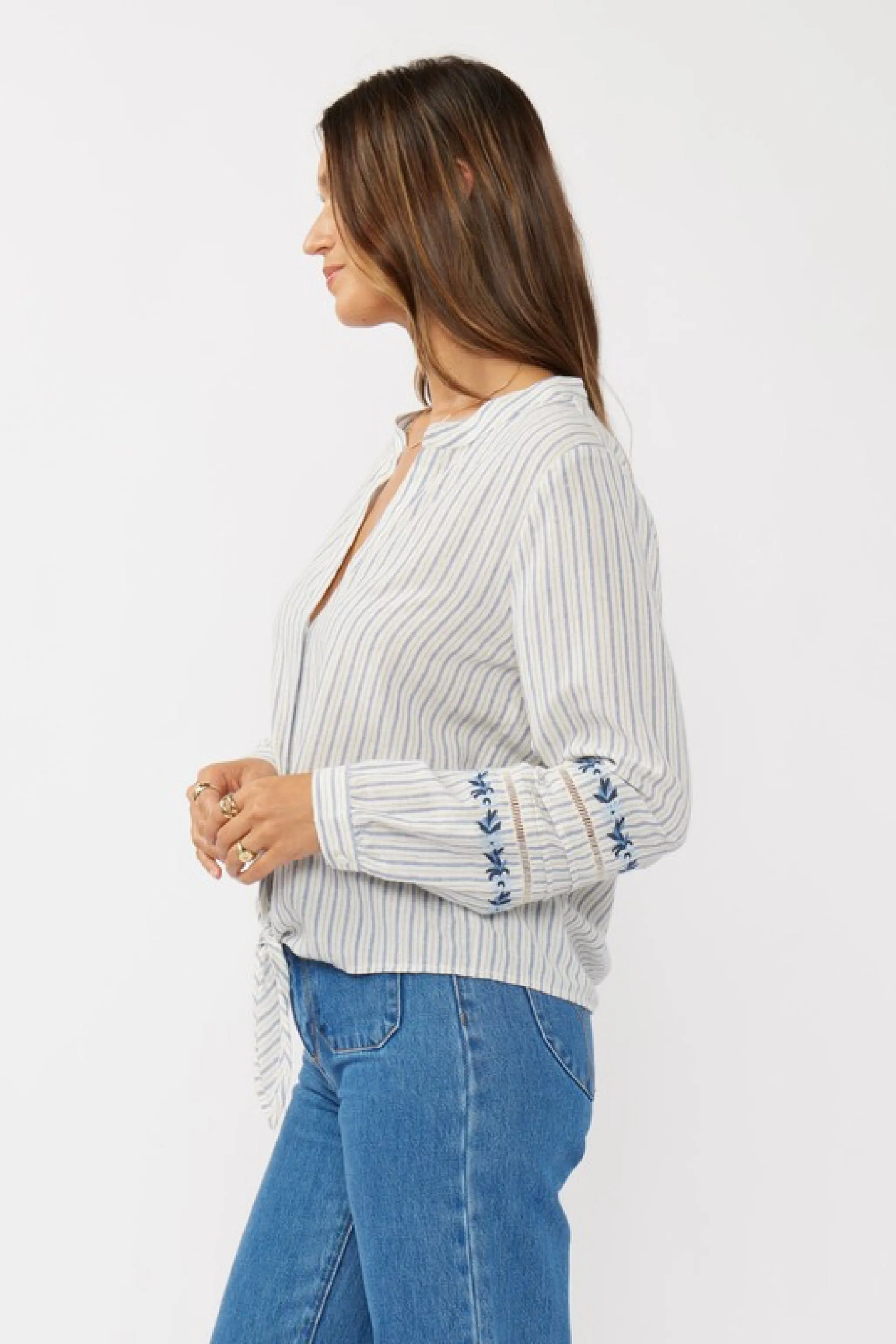 Elliott Long Sleeve Front Tie Stripe Print Top Blue