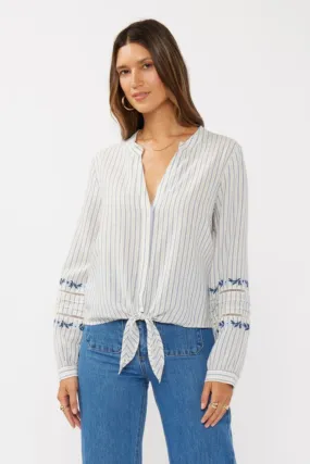 Elliott Long Sleeve Front Tie Stripe Print Top Blue