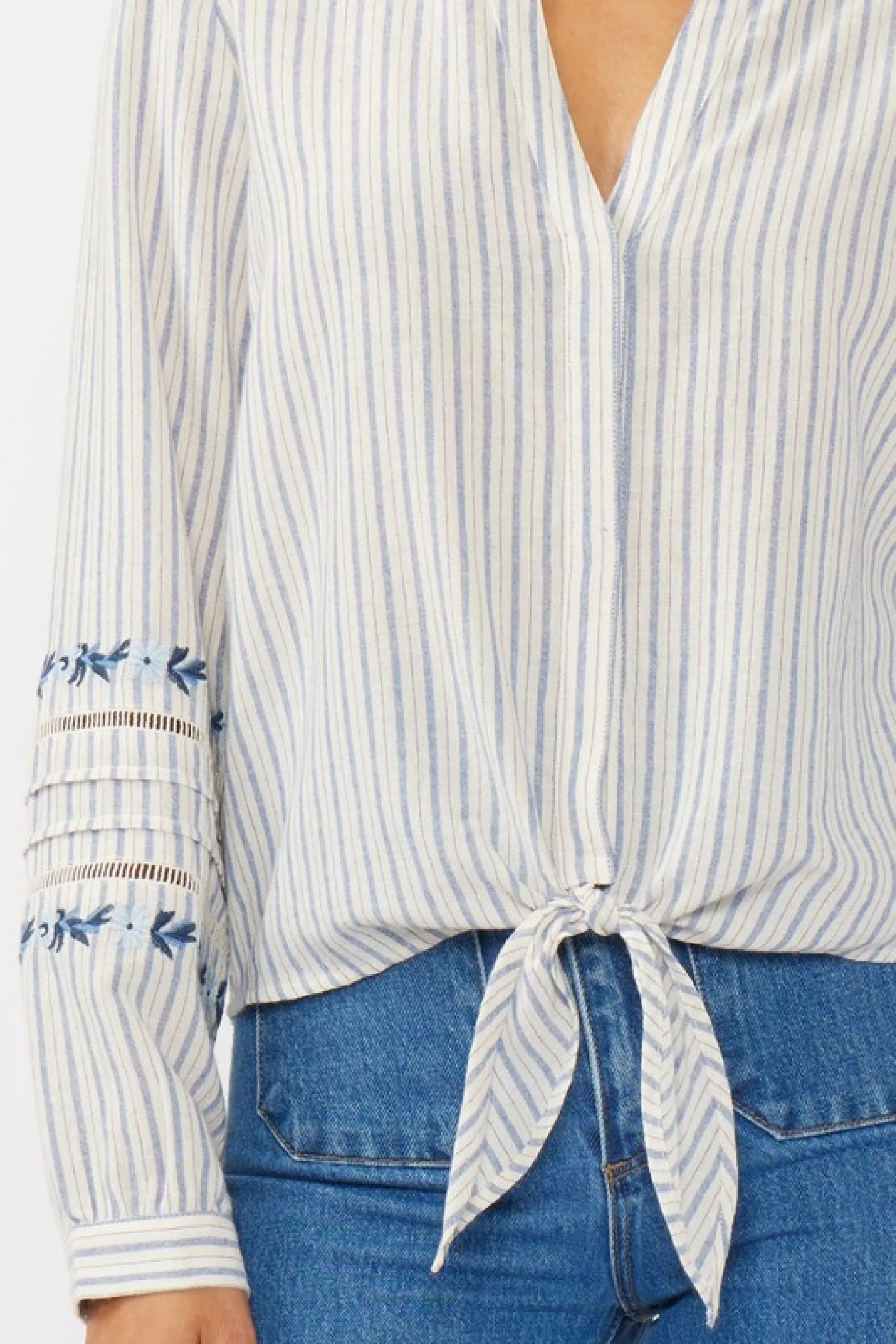 Elliott Long Sleeve Front Tie Stripe Print Top Blue