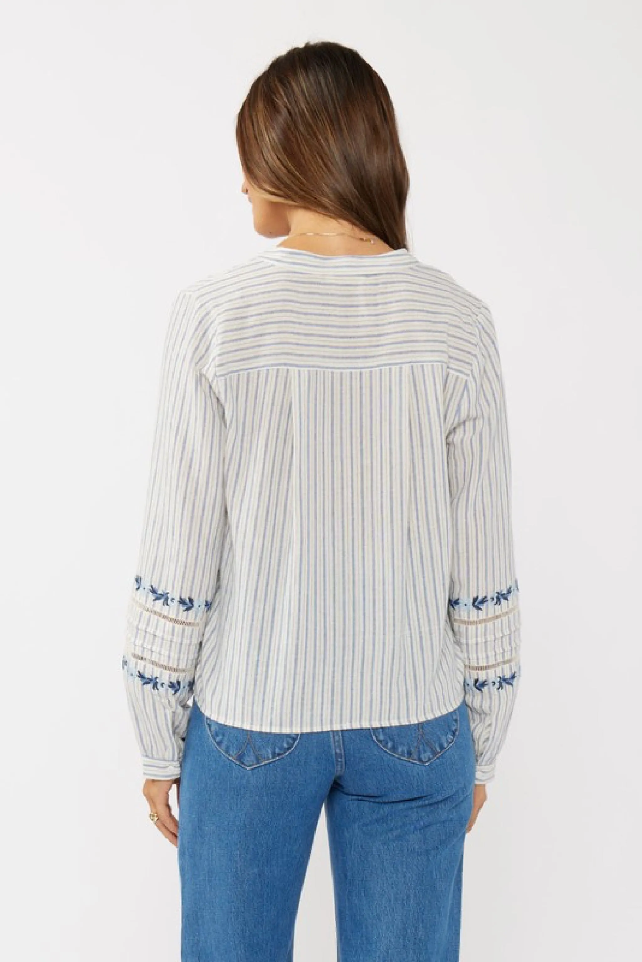 Elliott Long Sleeve Front Tie Stripe Print Top Blue