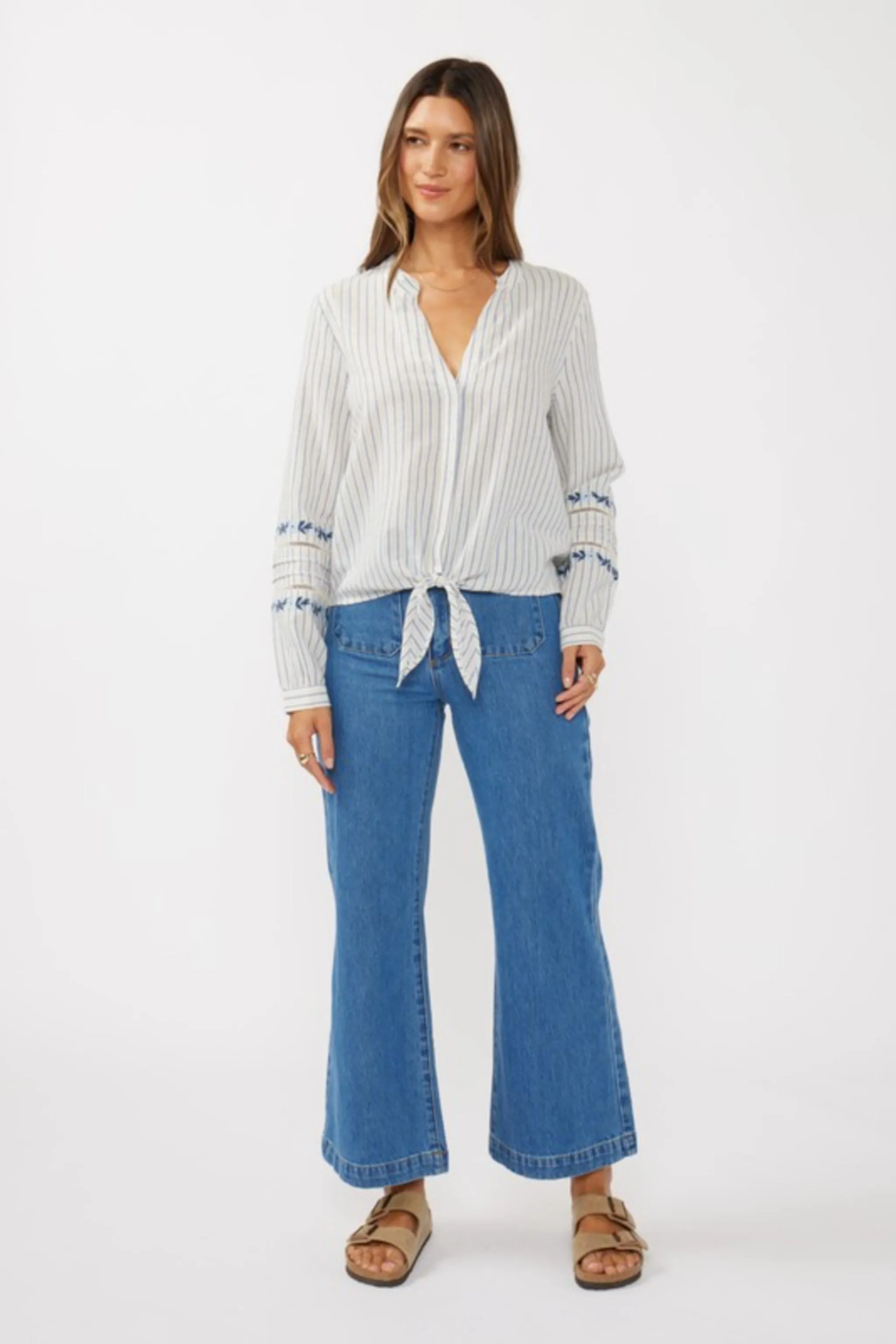Elliott Long Sleeve Front Tie Stripe Print Top Blue