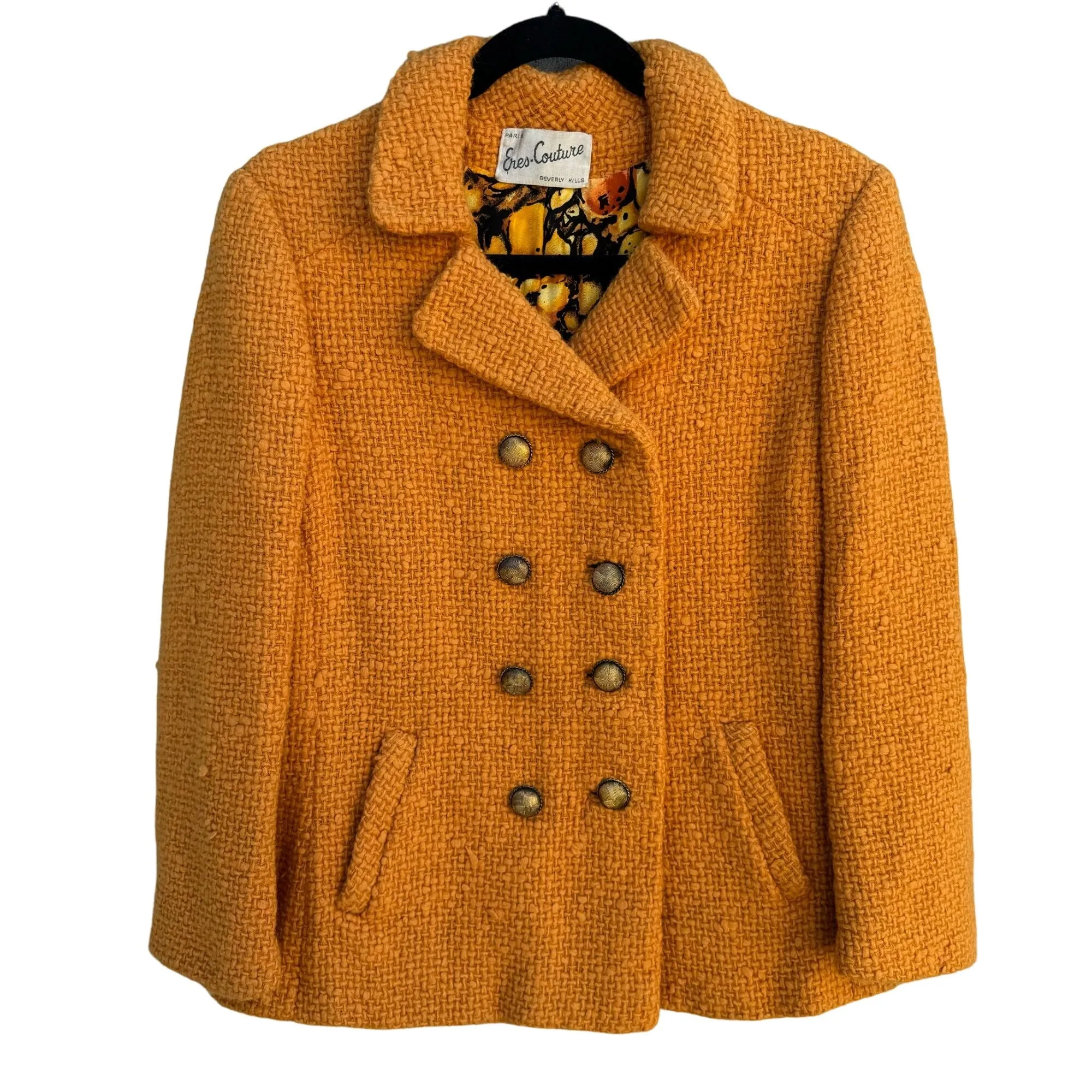 Eres Couture Vintage 50s 60s Womens Boucle Yellow Black Print Top Skirt Blazer
