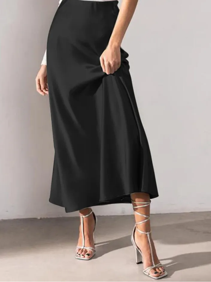 Fashion Solid Color Skirt Female Elastic Waist Ankle Length Skirts Summer Elegant Party Sundress Work OL Robe Oversized