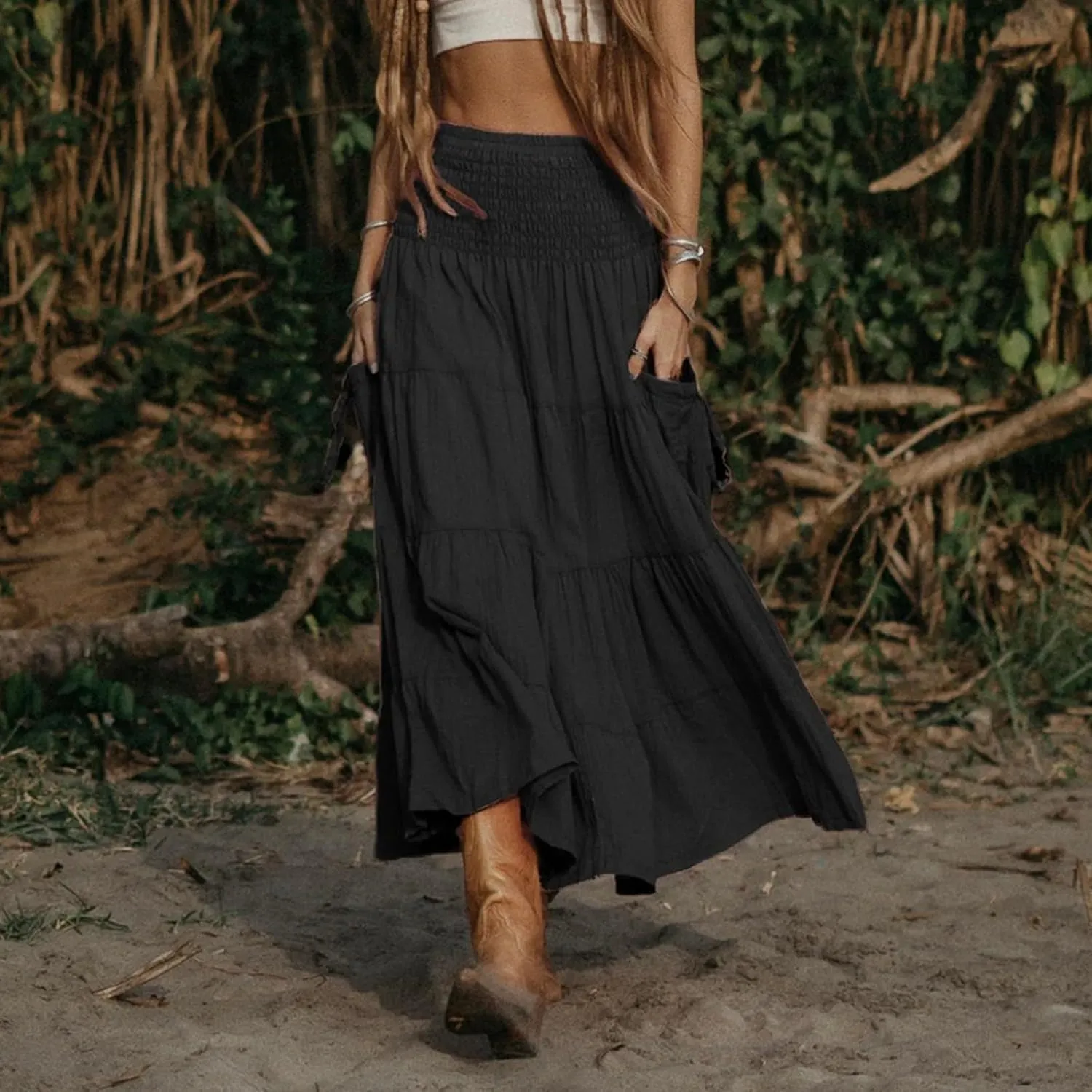 Flowy Boho Maxi Skirts for Women, 2025 Trendy Casual Elegantes High Waisted Long Skirt