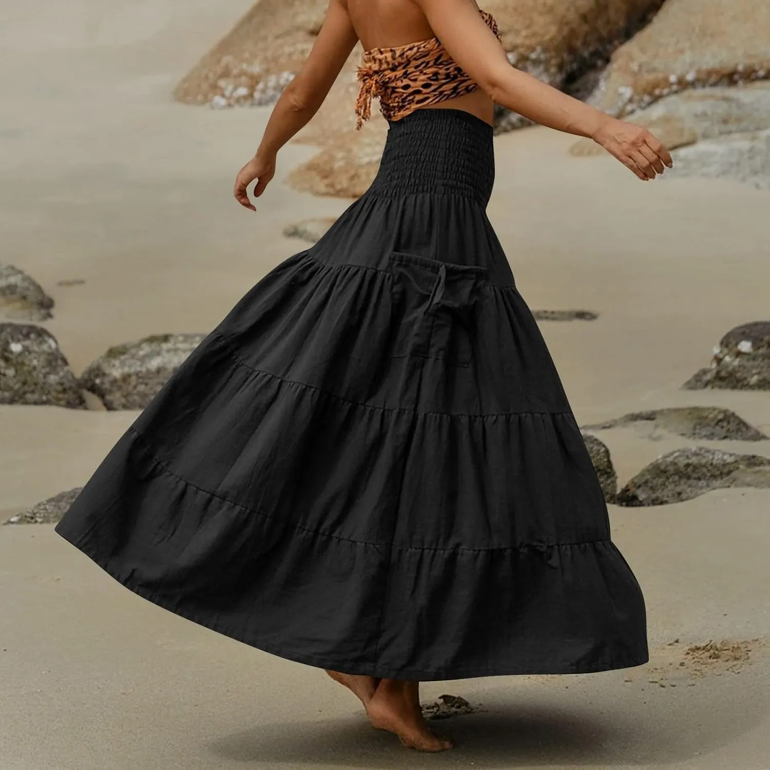 Flowy Boho Maxi Skirts for Women, 2025 Trendy Casual Elegantes High Waisted Long Skirt