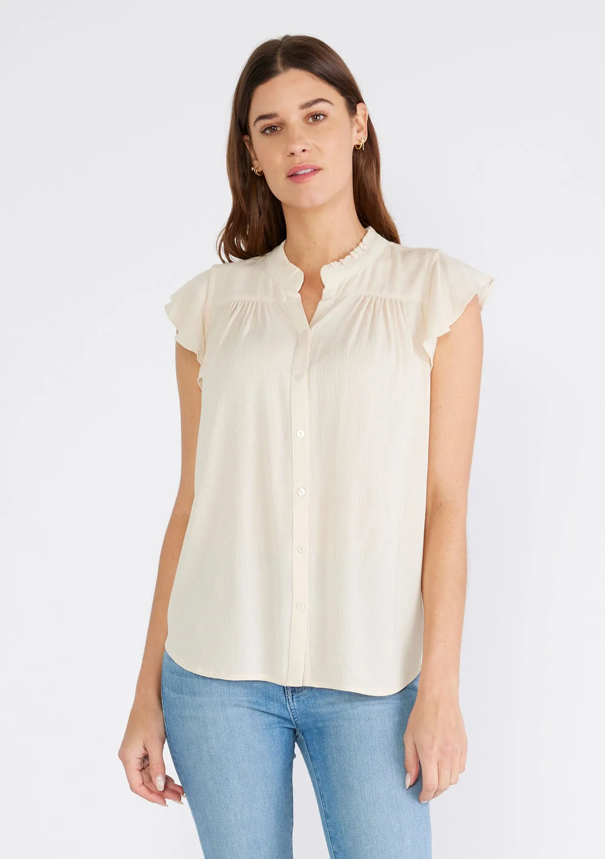 Flutter Cap Sleeve Button Up Blouse