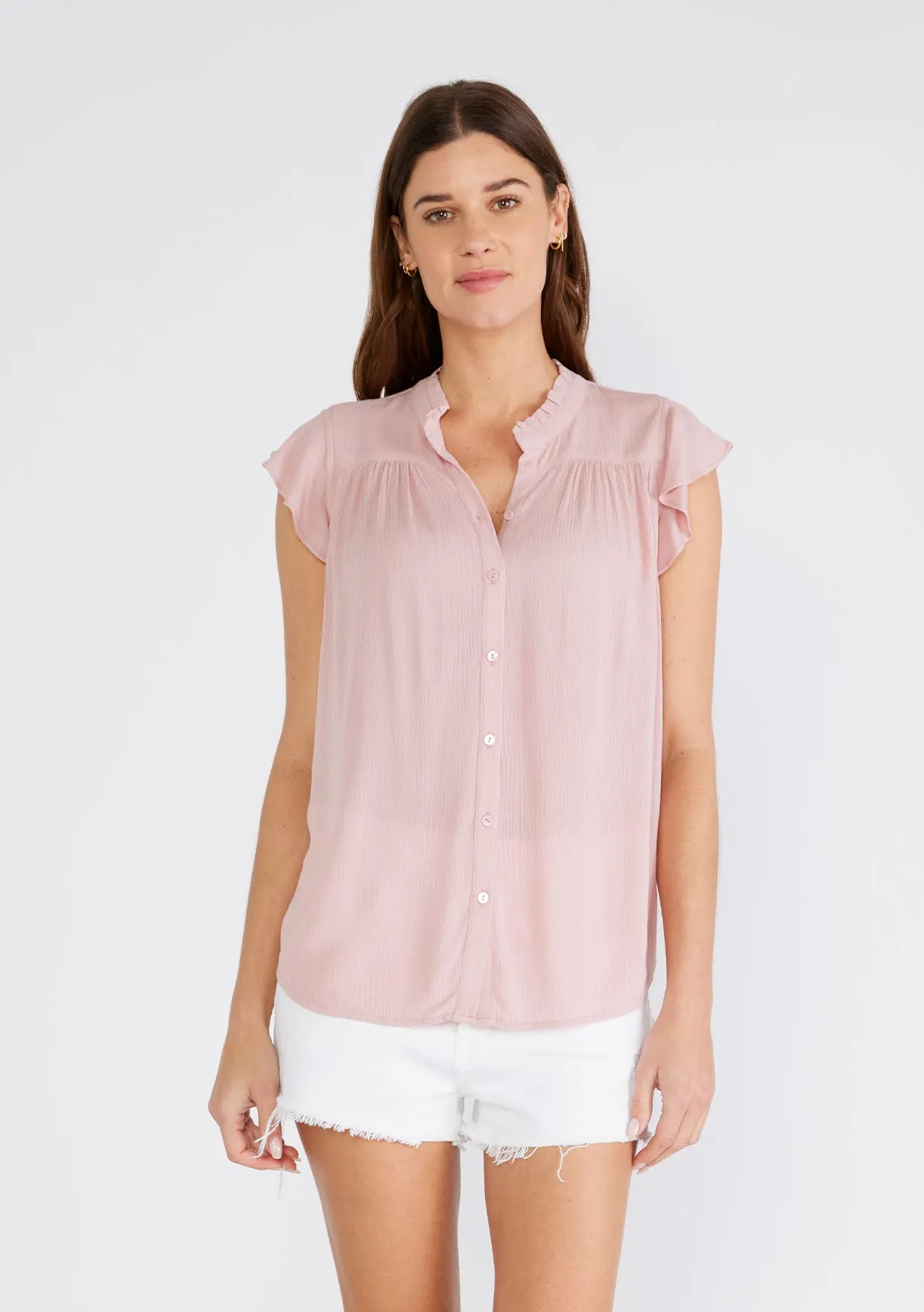 Flutter Cap Sleeve Button Up Blouse