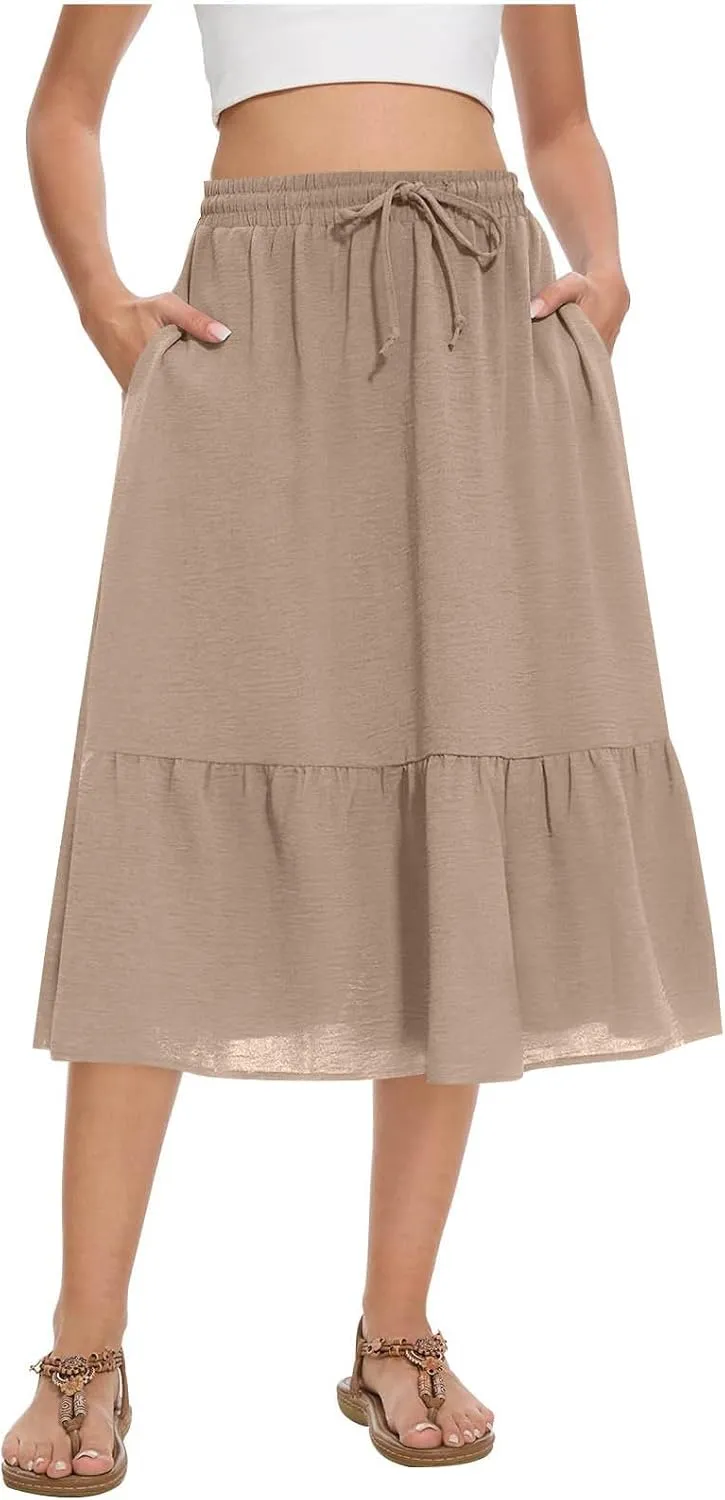 FZYLQY Women's Casual High Waisted Tiered Midi Skirt, Comfortable Loose Fit Elastic Waist Skirt with Pockets for Summer