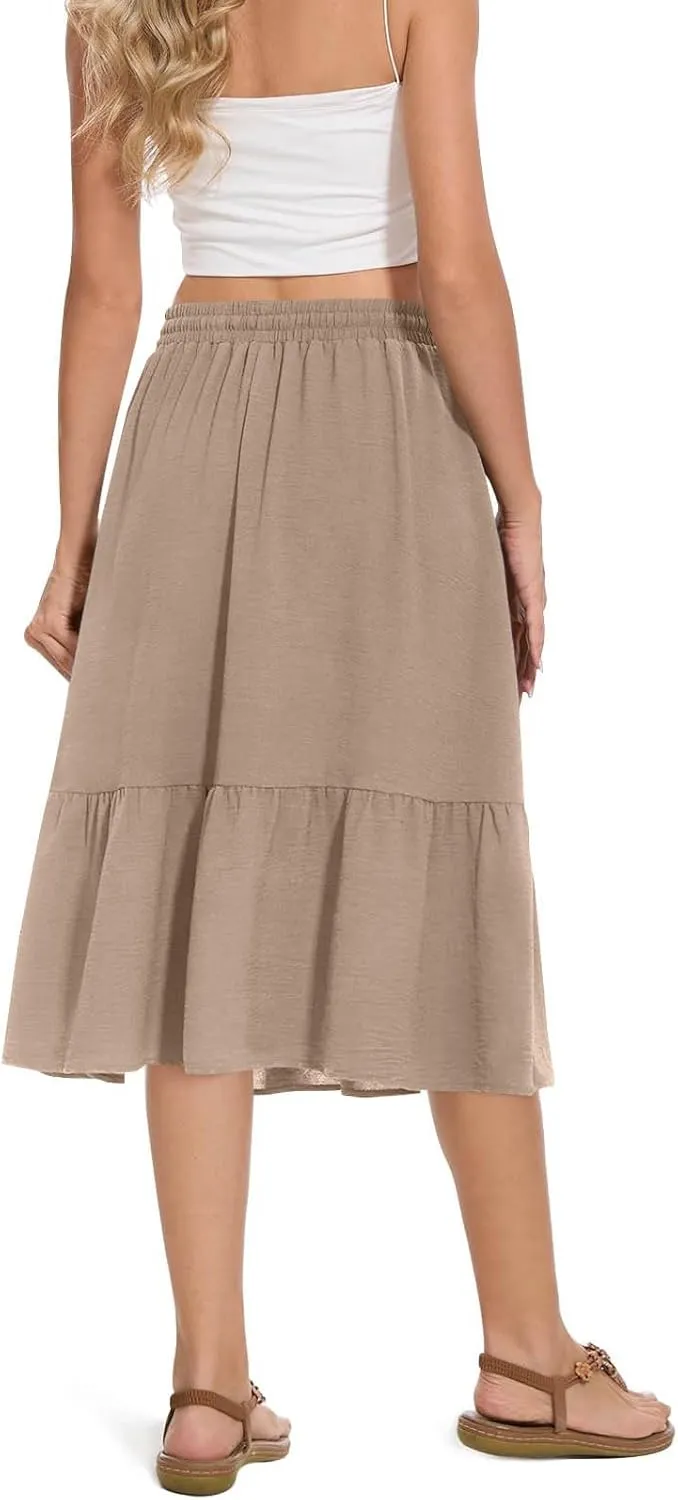 FZYLQY Women's Casual High Waisted Tiered Midi Skirt, Comfortable Loose Fit Elastic Waist Skirt with Pockets for Summer