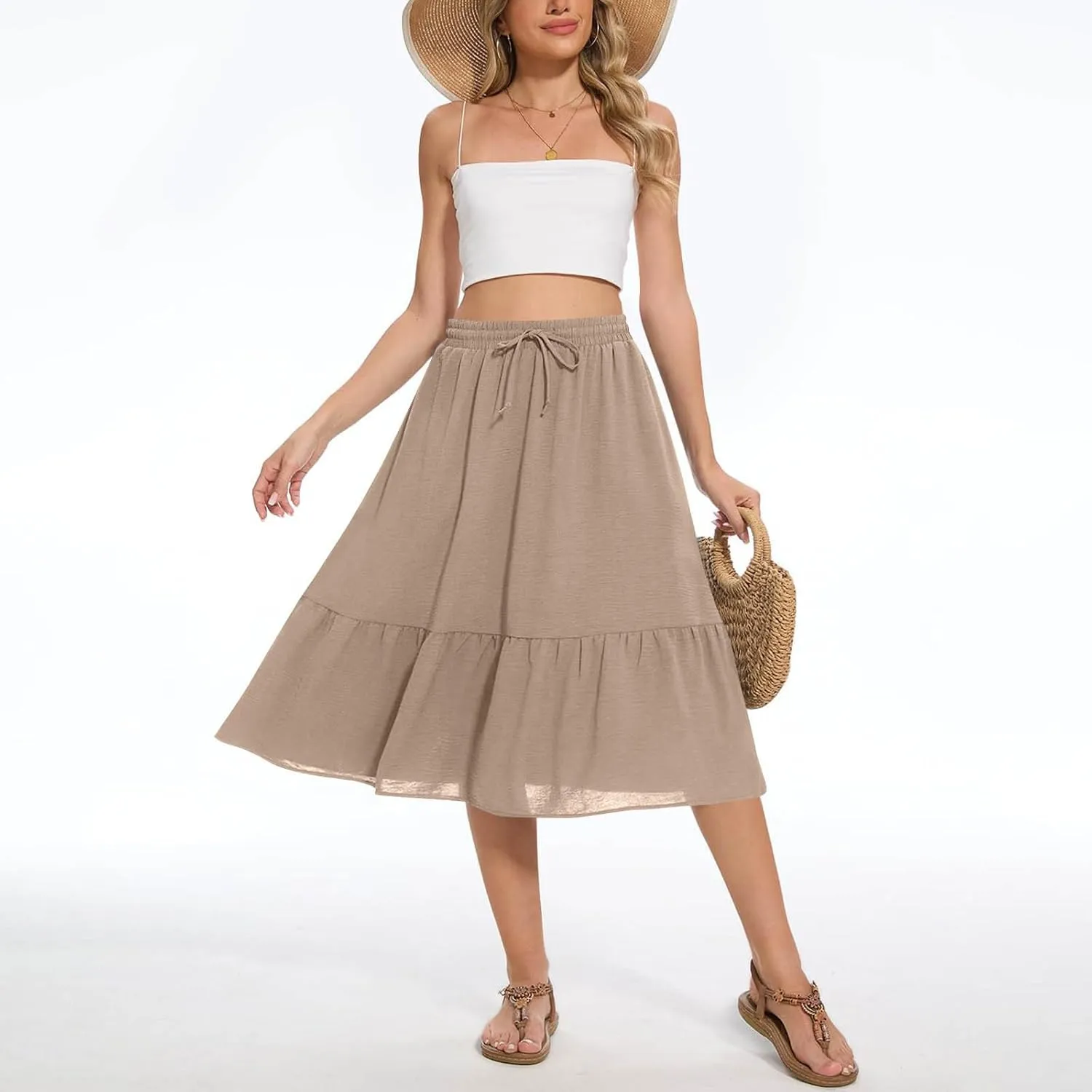 FZYLQY Women's Casual High Waisted Tiered Midi Skirt, Comfortable Loose Fit Elastic Waist Skirt with Pockets for Summer