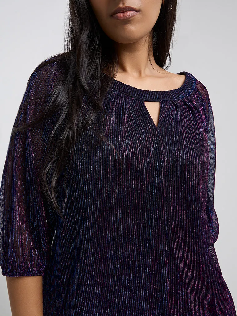 Gia Purple Ribbed and Shimmer-Detailed Blouse