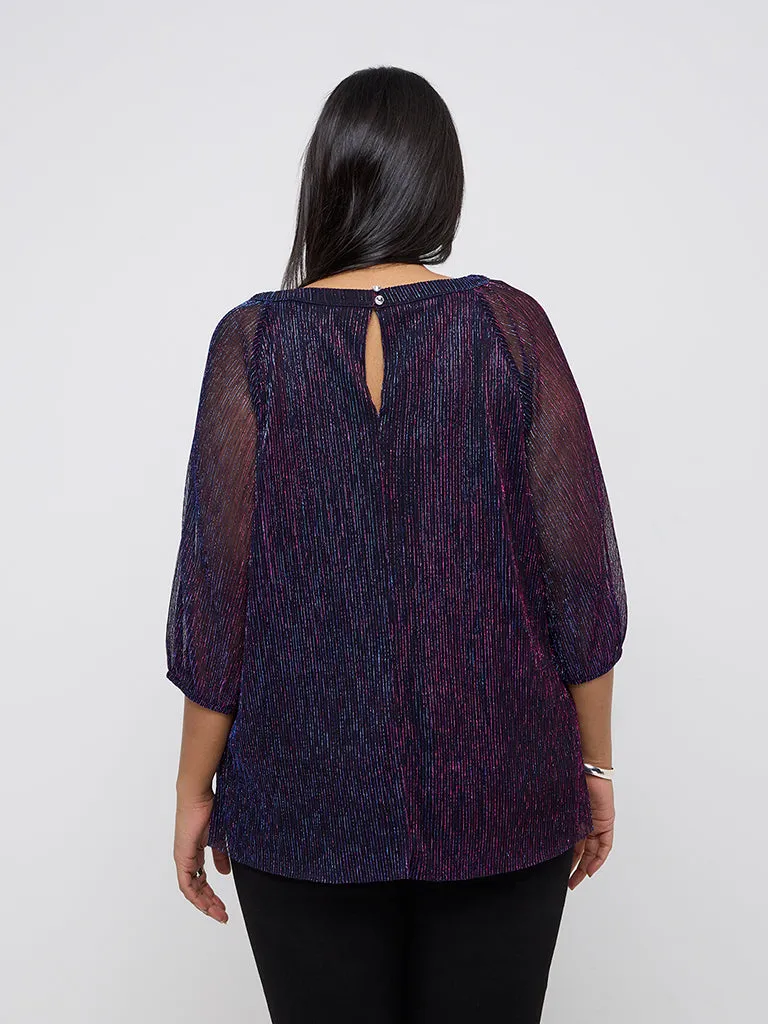 Gia Purple Ribbed and Shimmer-Detailed Blouse