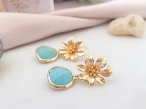 Gold Clematis Flower Earrings with Turquoise Stones
