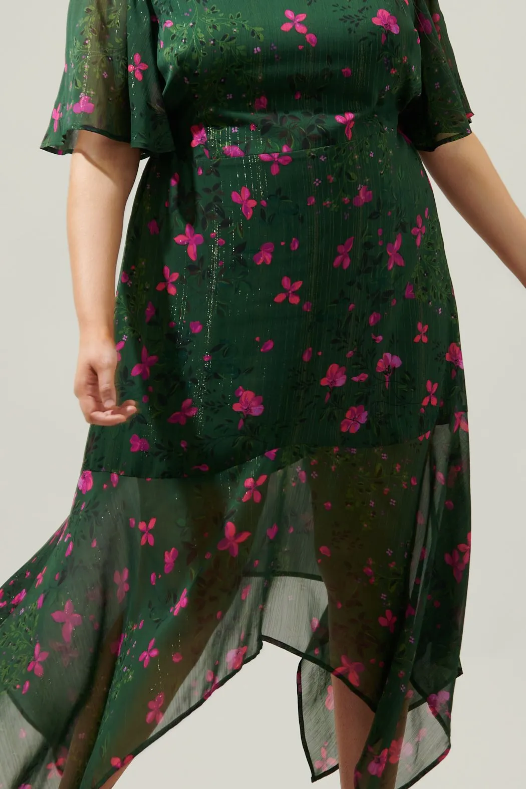 Green & Pink Floral Asymmetric Midi