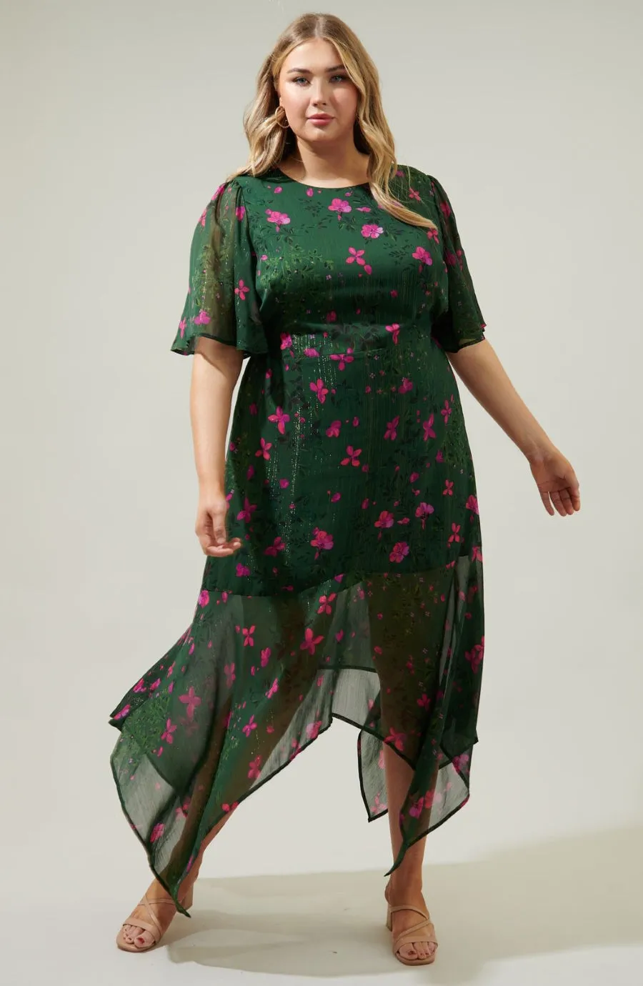 Green & Pink Floral Asymmetric Midi
