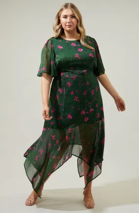 Green & Pink Floral Asymmetric Midi