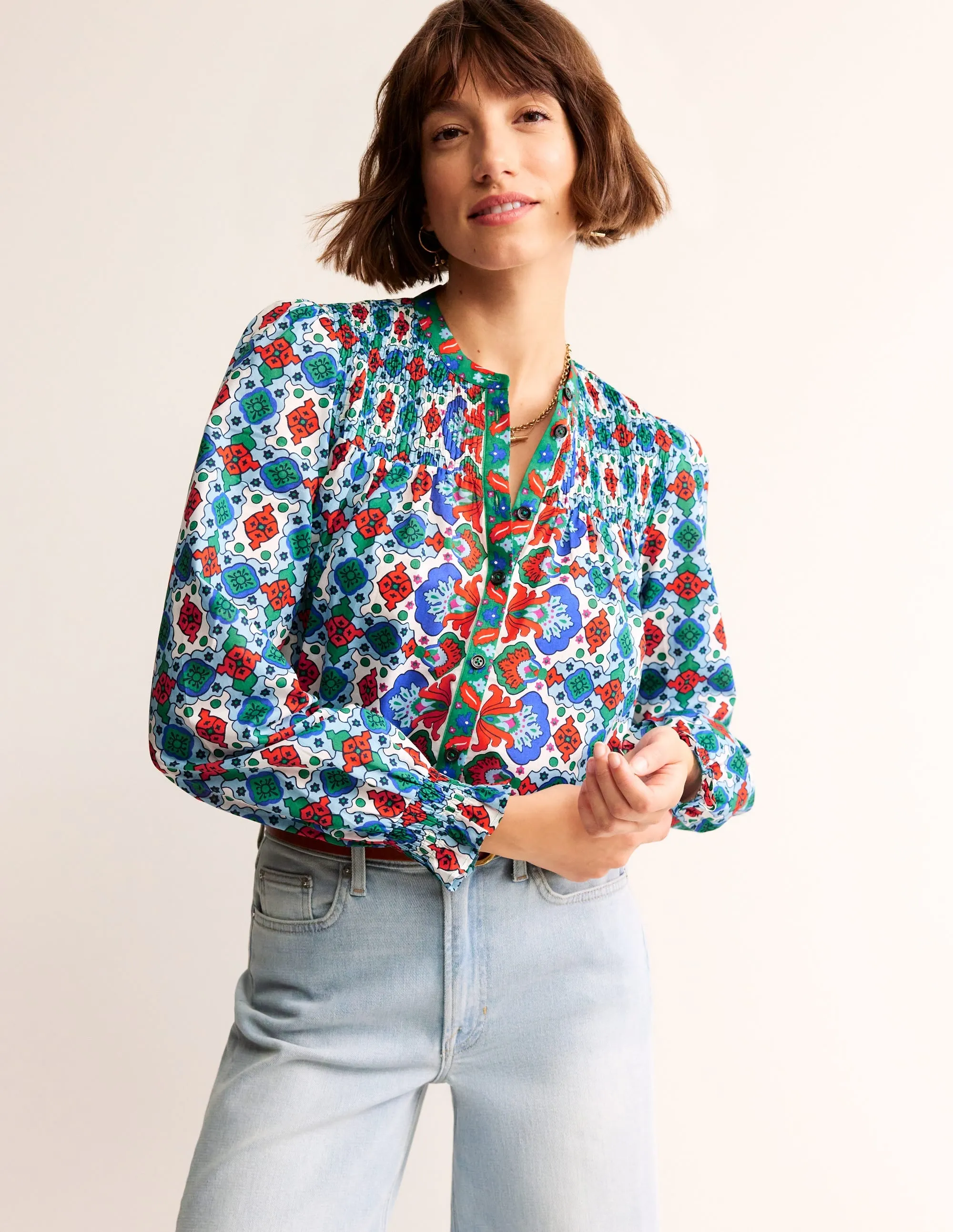 Helena Cotton Blouse-Multi, Coastal Tile