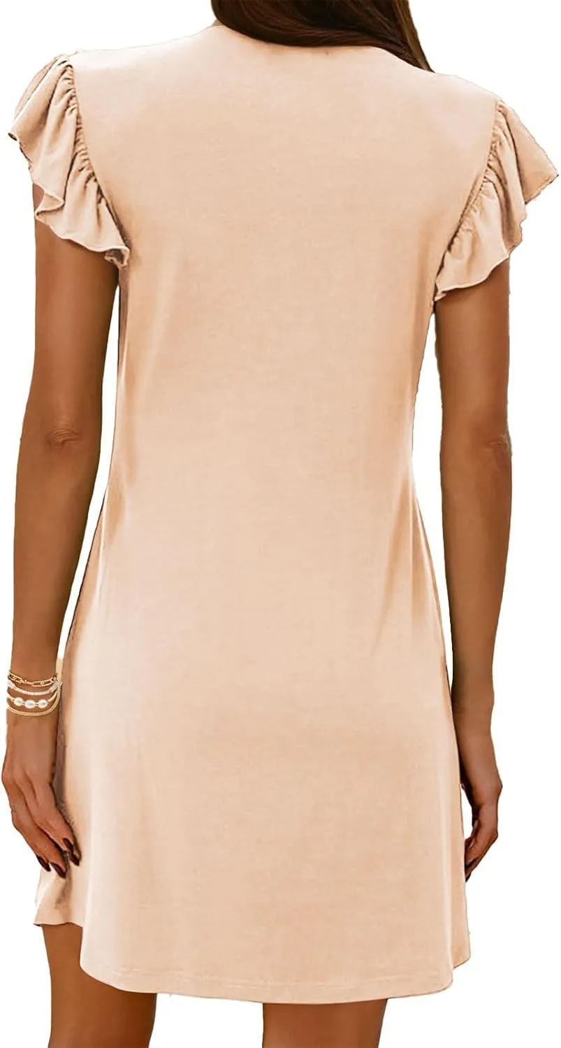Kubbon Summer Dresses for Women Ruffle Sleeve V Neck Sundress Casual Loose V Neck Short Dress Travel Vacation Beach Dresses