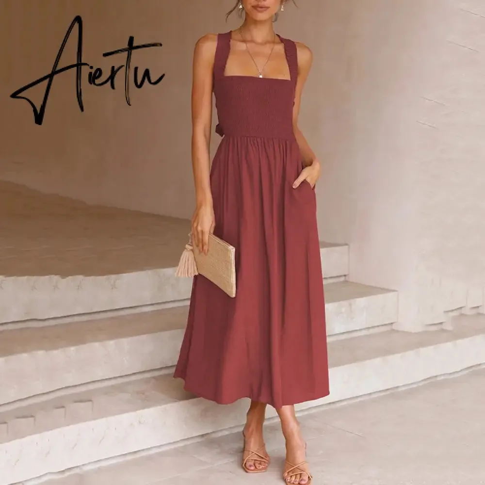 Lace Up Backless Sexy Maxi Dress Summer Women Elastic Red Long Elegant Ladies Holiday Dress Sundress Vestido Chiffon