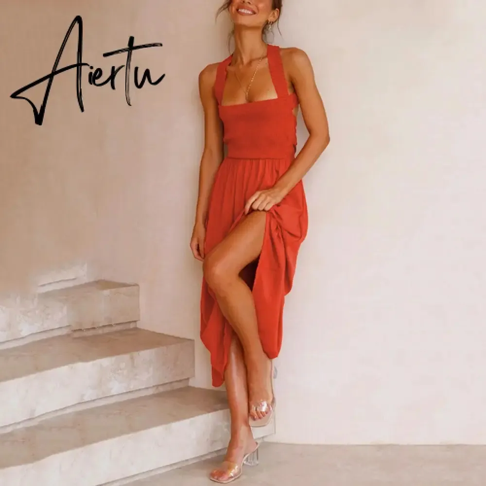 Lace Up Backless Sexy Maxi Dress Summer Women Elastic Red Long Elegant Ladies Holiday Dress Sundress Vestido Chiffon