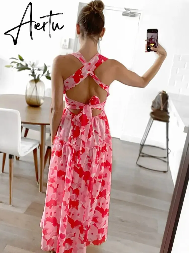 Lace Up Backless Sexy Maxi Dress Summer Women Elastic Red Long Elegant Ladies Holiday Dress Sundress Vestido Chiffon