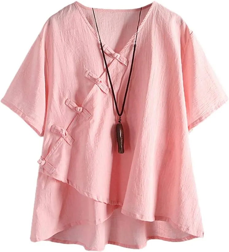 LaovanIn Women's Linen Blouse Tops V Neck Short Sleeve Vintage Tunic Casual Shirts