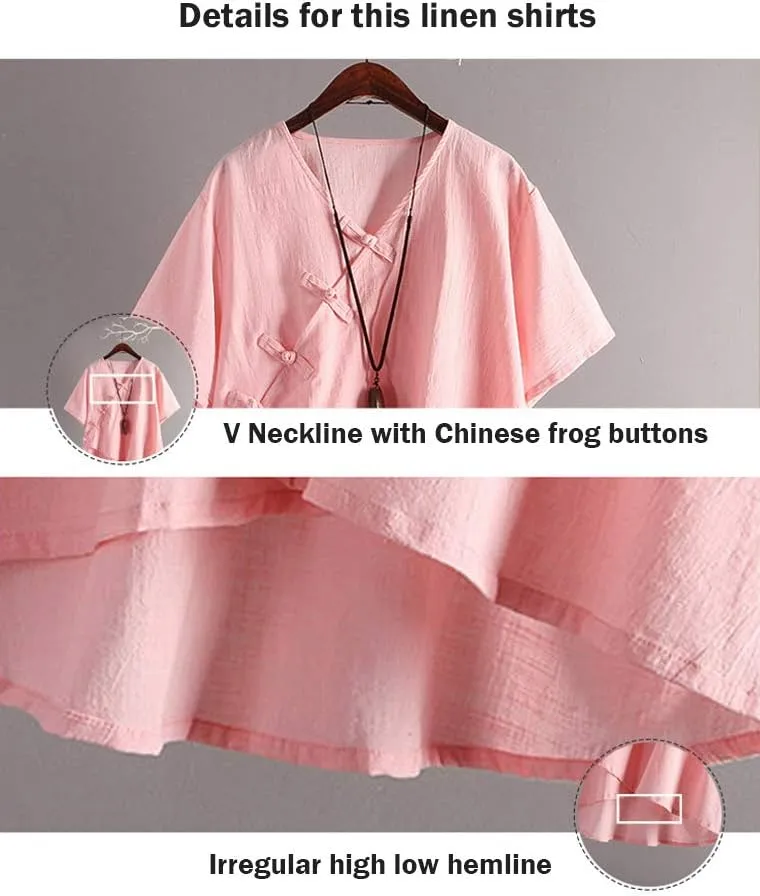 LaovanIn Women's Linen Blouse Tops V Neck Short Sleeve Vintage Tunic Casual Shirts