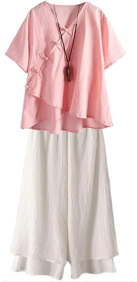 LaovanIn Women's Linen Blouse Tops V Neck Short Sleeve Vintage Tunic Casual Shirts